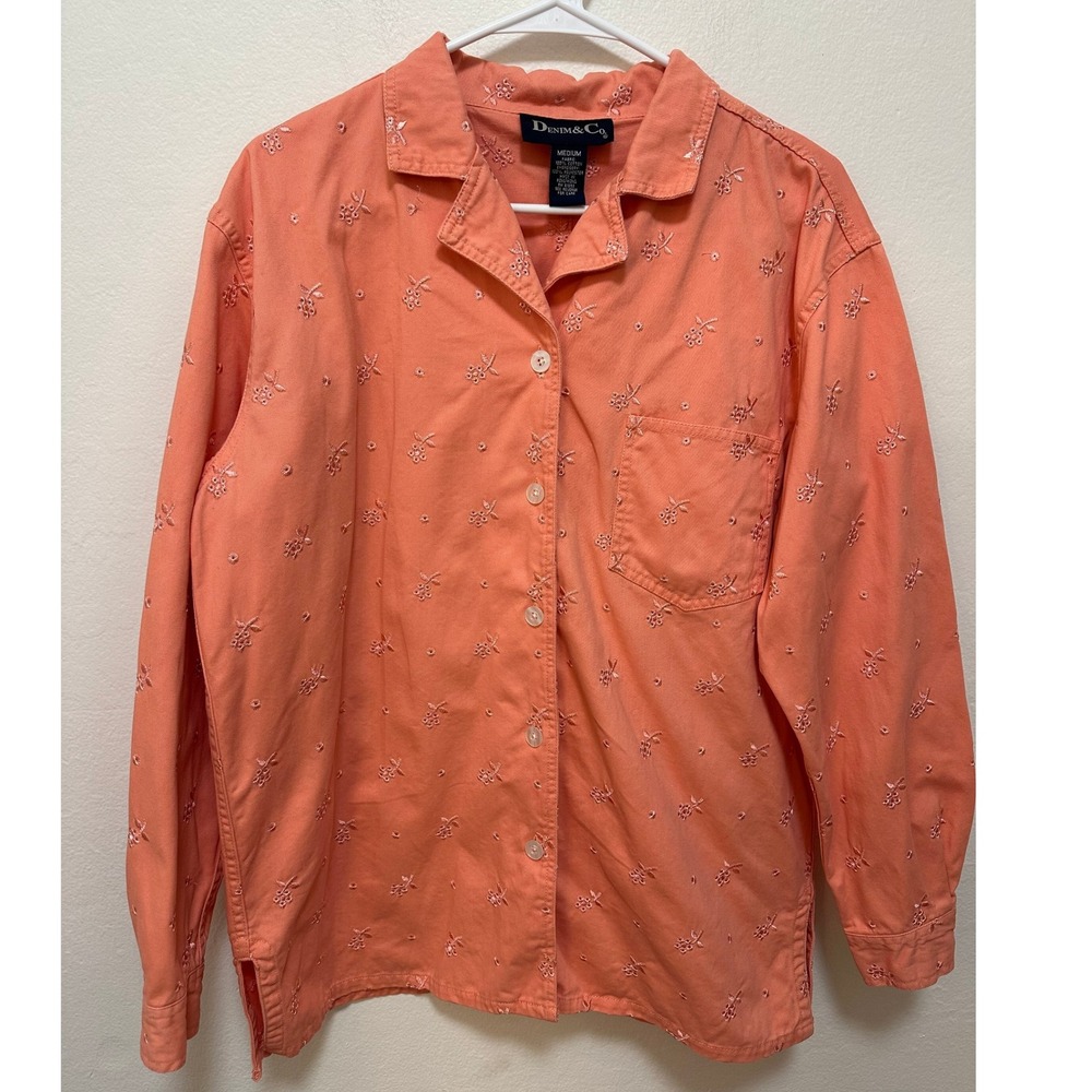 Denim & Co. Embroidered Button Down Shirt Coral Medium Blouse Top Casual - Picture 2 of 7